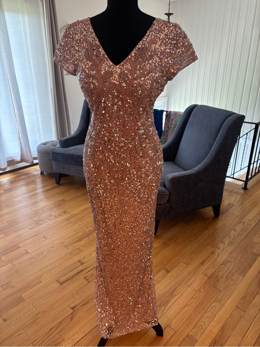 Rose Gold Sequin Maxi Dress with V-Neck